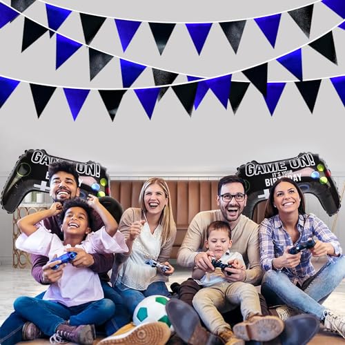 Royal Blue Black Party Decorations Navy Black Metallic Fabric Triangle Pennant Banner Flag Bunting Garland for Graduations Birthday Retirement Wedding Bachelorette Nautical Outdoor Party Supplies (32 Foot)