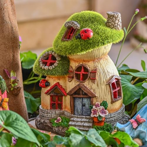 Mushroom Statue Solar Resin Flocked Garden Decor 8"