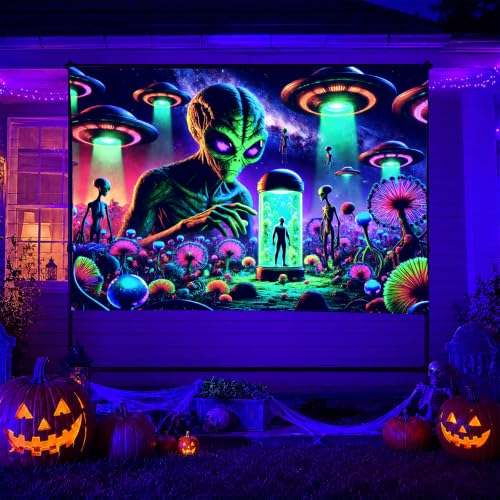Blacklight Tapestry Alien UFO UV Wall Art 78 x 59 Inch