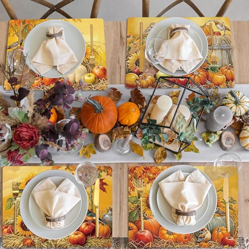 Fall Plastic Placemats Set of 6 Pumpkin Table mats 17×13×0.04in (6 Count)