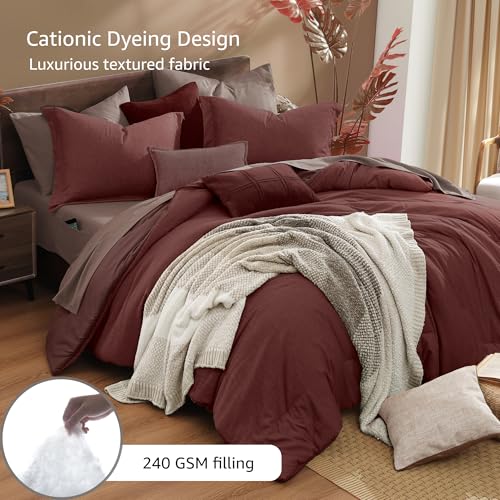 California King Comforter Set 7 Pieces Dark Red Bed in a Bag