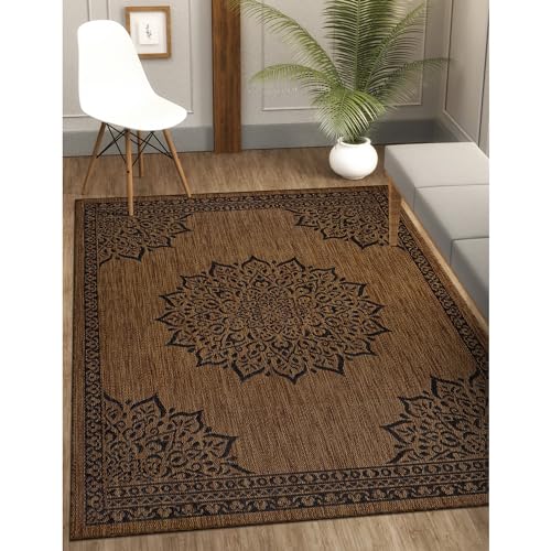 Outdoor Rug 5x7 Medallion Nut Brown Black Modern Area Rugs for Indoor and Outdoor Patios