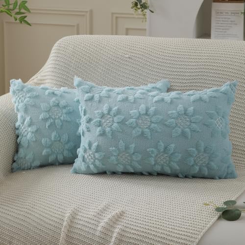 Spring Summer Pillow Covers 12x20 inch Set of 2 Blue Sunflower (2 Count)