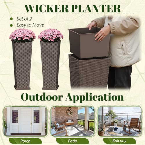 32" Front Porch Resin Rattan Tall Planters 2 Pack (2 Count)