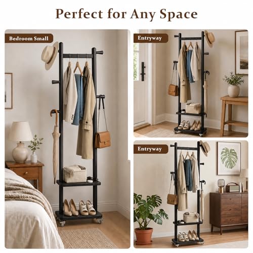 Small Clothes Rack Solid Wood Coat Rack Freestanding with Wheels