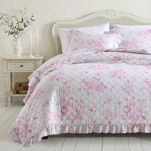 Pink Ruffled Quilt King Size with 2 Pillow Shams