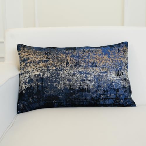 Navy Champagne Metallic Jacquard Lumbar Pillow Cover 12x20 Velvet Back Modern Glam Sofa Decor