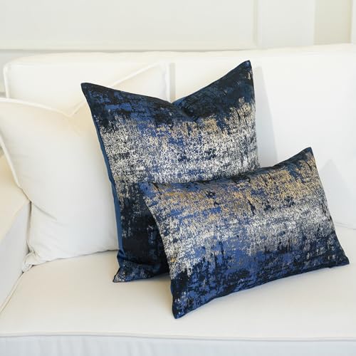 Navy Champagne Metallic Jacquard Throw Pillow Cover 18x18 Velvet Back Modern Glam Sofa Decor