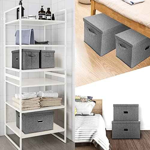 Large Linen Fabric Foldable Storage Bins with Removable Lid and Handles (2 Count)