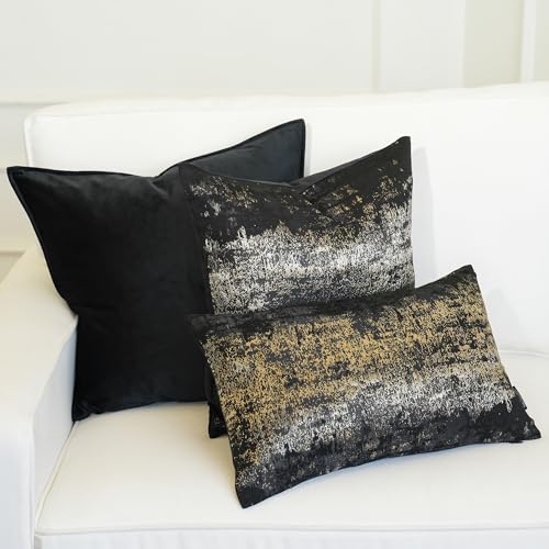Black Champagne Metallic Jacquard Pillow Covers 20x20 Pack of 2 Velvet Back Modern Glam Sofa Decor (2 Count)