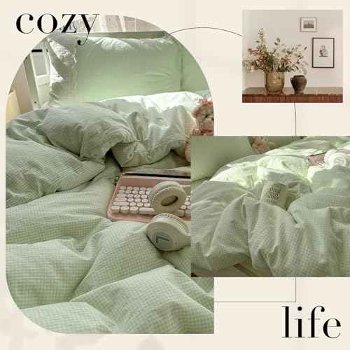Green Gingham Comforter Set Full Size Princess Lace Style Vintage Plaid Checkered Comforter Chic Gingham Farmhouse Bedding Set Lightweight Fluffy Soft Green Plaid Grid Comforter Set Full