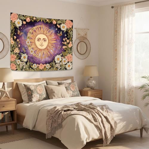 Vintage Sun and Moon Boho Hippie Purple Floral Tapestry 48 x 36 Inch
