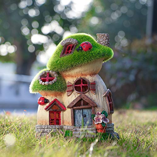 Mushroom Statue Solar Resin Flocked Garden Decor 8"