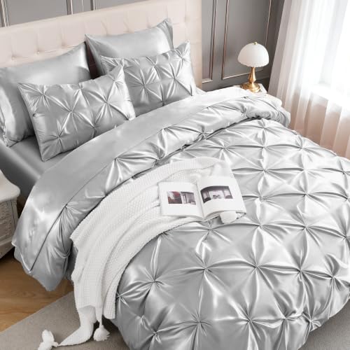 Satin Queen Comforter Set Silver Grey