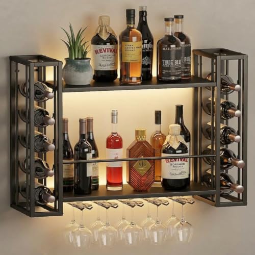 40" Wall Mounted Wine Rack with LED Lights & Wine Glass Rack