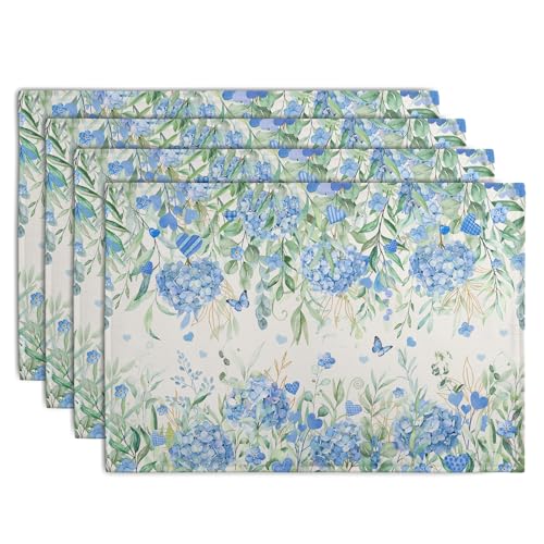 Hydrangea Spring Summer Placemats Set of 4 Sage Green Eucalyptus Leaves Blue Floral Butterfly Placemat 12x18 Inch Seasonal Holiday Table Place Mats for Farmhouse Kitchen Dining Decor (4 Count)