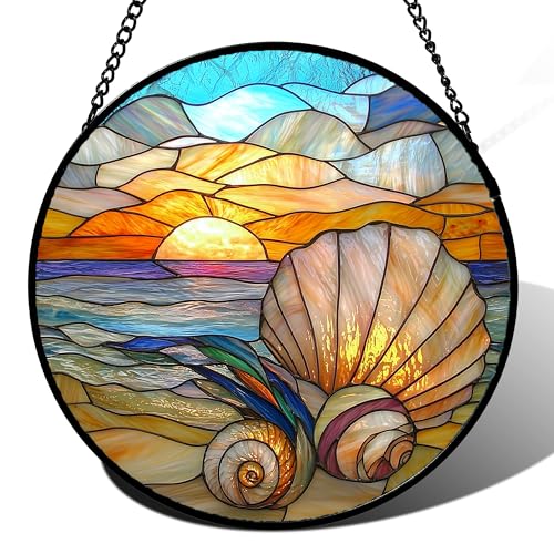 Ocean Stained Glass Window Hanging Suncatcher Beach Gifts for Women 15"