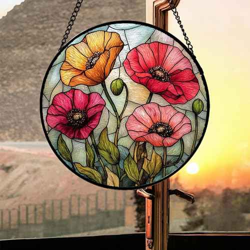 Poppy Flower Stained Glass Window Hanging Suncatcher Gifts for Women 7.8"