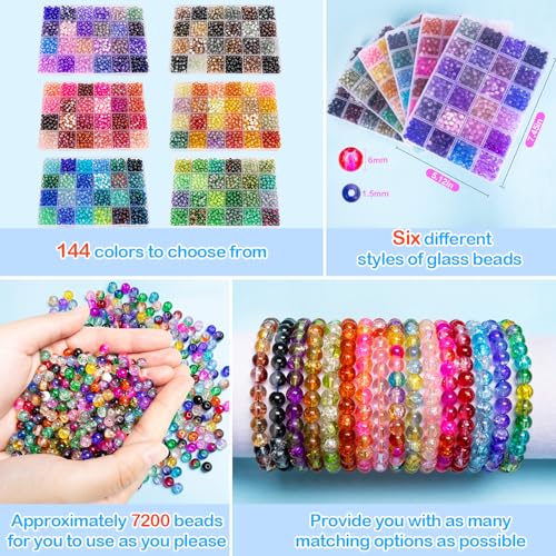 About 7200pcs 144 Colors 6mm Crackle Glass Beads Bracelet Making Kit (7200 Count)