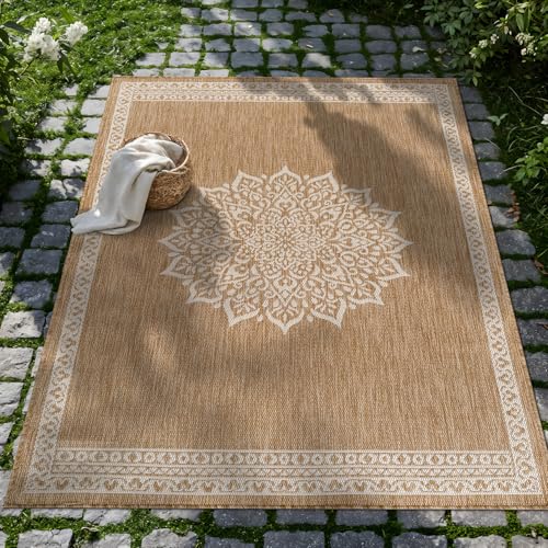 Outdoor Rug 8x10 Medallion Natural Modern Area Rugs for Indoor and Outdoor Patios Kitchen and Hallway Mats Washable Porch Deck Outside Carpet (80 Sq Ft)