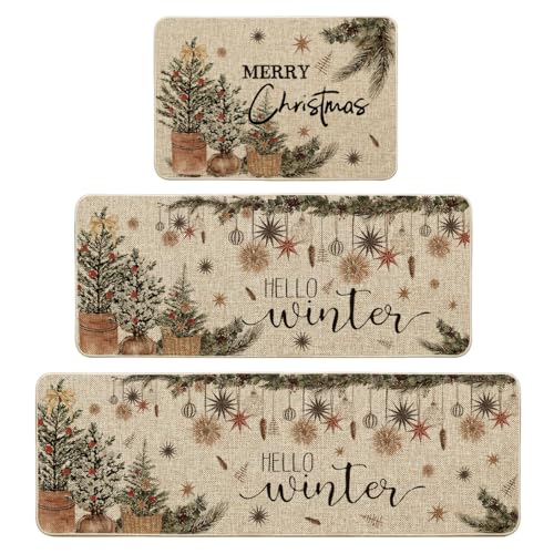 Holly Ornament Merry Christmas Kitchen Mats Set of 2