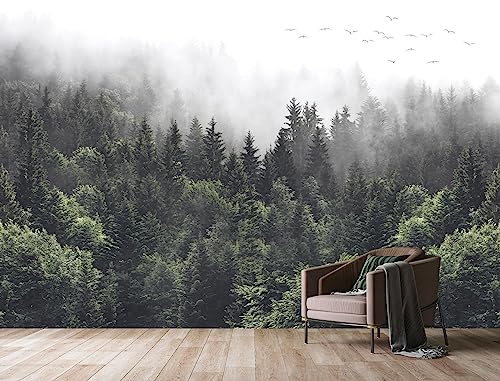 Foggy Forest Wall Mural Peel and Stick Misty Pine Tree Wallpaper