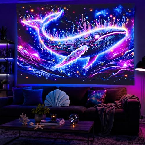 Blacklight Tapestry Cosmic Whale Neon Wall Art 78 x 59 Inch