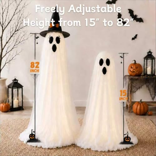 2 Pack Lighted Halloween Ghost Decorations with Witch Hats (Warm White)