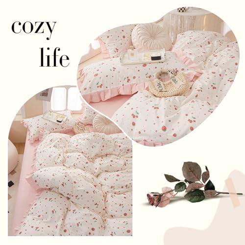 Strawberry Print Comforter Set Pink White Ruffled Bedding Comforter Full Size Soft Fluffy Floral Bedding Set Kawaii Strawberry Fruit Comforter Set for Kids Girls Lightweight and Cozy for All Seasons