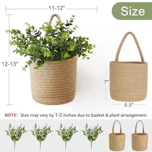 2 Pack Woven Hanging Wall Basket 6.5"W×7"H with Artificial Eucalyptus (6 Count)