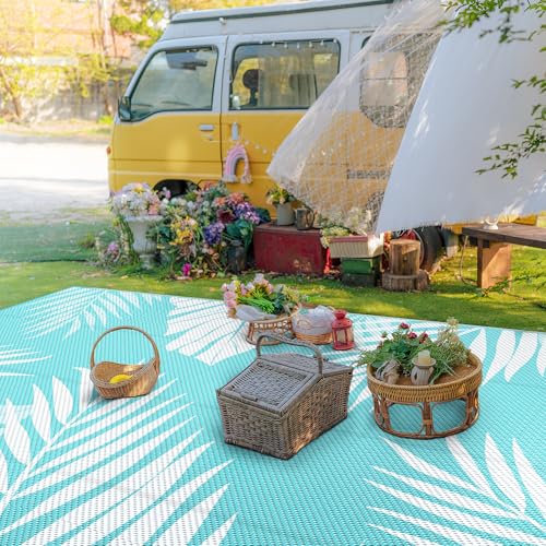 Outdoor Rug Waterproof Plastic Rugs 10'x14' for Camping Navy White (140 Sq Ft)