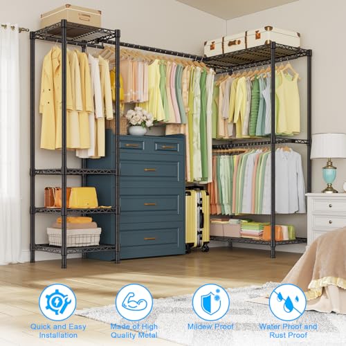 E10L L Shaped Clothes Rack for Corner（With Expandable Hanger Rod）Heavy Duty Freestanding Clothing Racks for Hanging Clothes