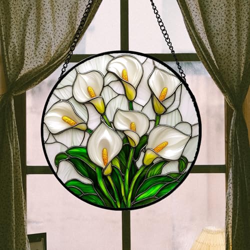 White Calla Lily Bouquet Stained Glass Window Hanging Suncatcher Gifts 15"