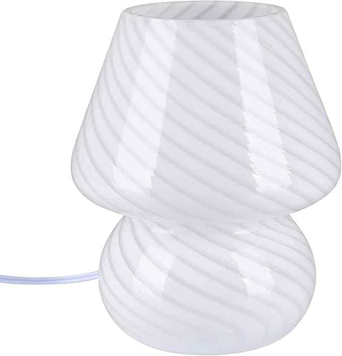BSOD Mushroom Lamp,Glass Table Bedside Lamps Translucent Murano Vintage Style Striped Small Night Mushroom Decor Light Swirl for Ambient,Kids,Bedroom,Living,Girl Gift (Stripe White)