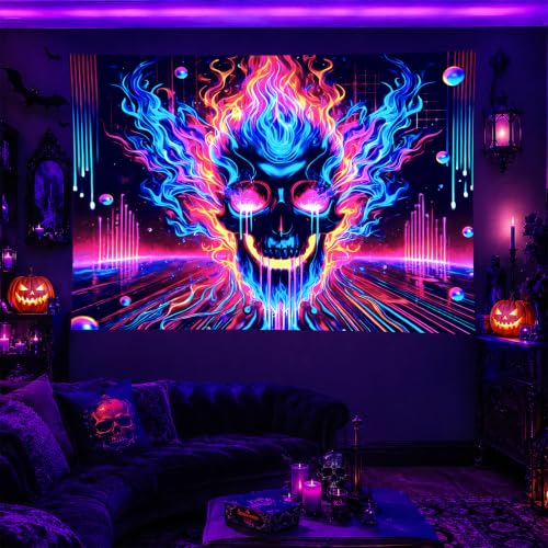 Blacklight Tapestry Flaming Skull UV Wall Art 78 x 59 Inch