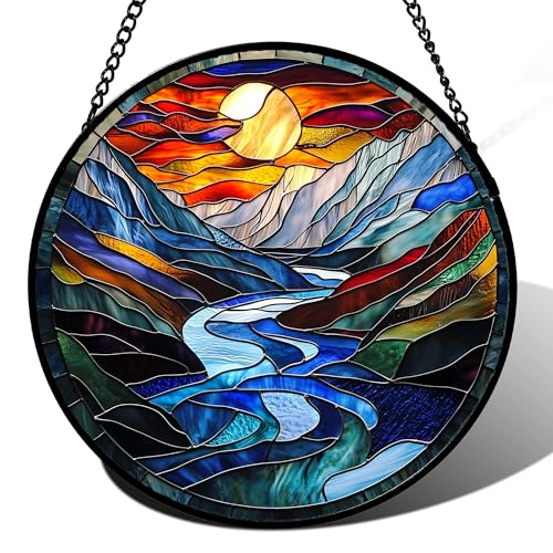 Stained Glass Window Hanging River Scenery Suncatcher Gifts for Women 7.8"