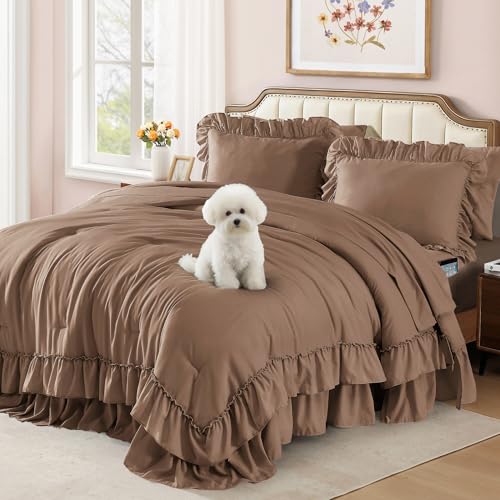King Size Comforter Set Amber Brown Ruffle 7 Pieces Farmhouse Bed in a Bag