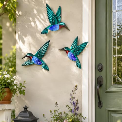 Metal Hummingbird Wall Art 8 inch Metal Birds Wall Sculpture Garden Decoration Outdoor Statue Hand (3 Count)