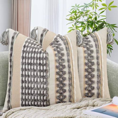 Set of 2 Chenille Striped Textured Boho Throw Pillow Covers Aesthetic with Tassels Woven Decorative Pillow Case for Couch Bed Sofa Bedroom Modern Funky 18 x 18 (2 Count)