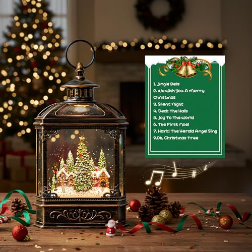Christmas Village Snow Globe Lantern Musical Lighted Village House Water Lantern in Swirling Glitter