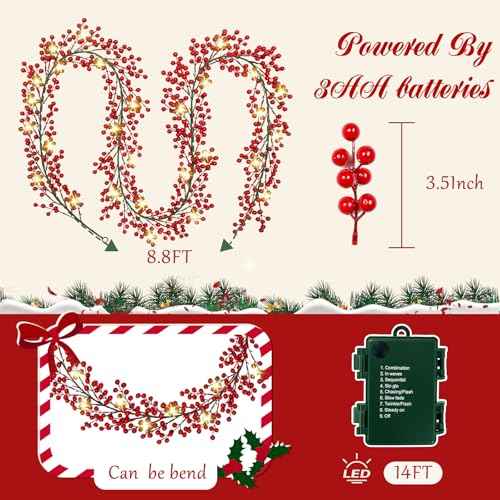 2 Pack 8.9FT Christmas Red Berry Garland with String Lights (2 Count)