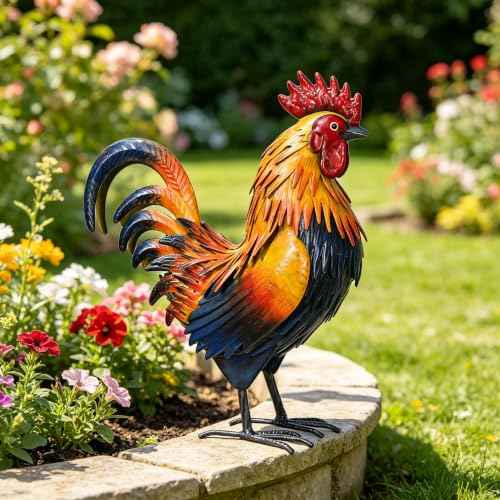 Rooster Garden Statue Sculpture Metal Chicken Yard Decor Outdoor Figurines Patio Backyard Decoration