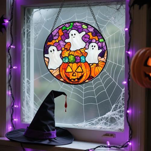 Stained Glass Window Hanging Halloween Horror Pumpkin White Ghost 15"