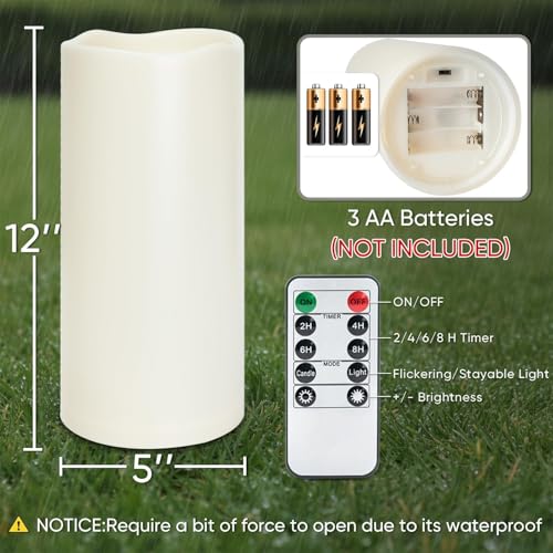 12" x 5" Large Waterproof Outdoor Flameless Candles with Remote Control and Timer (4 Count)