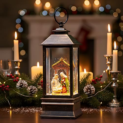 10'' Musical Snow Globe Lantern Lighted Nativity Manger Scene Water Lantern Swirling Glittering Home Decoration and Gift