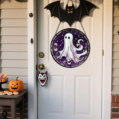 Halloween Purple Ghost Stained Glass Window Hanging Suncatcher Gifts 7.8"