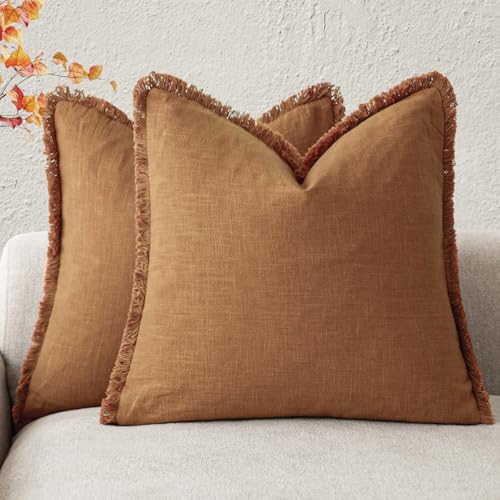 Decorative Linen Fringe Throw Pillow Covers 18×18 Inch (2 Count)