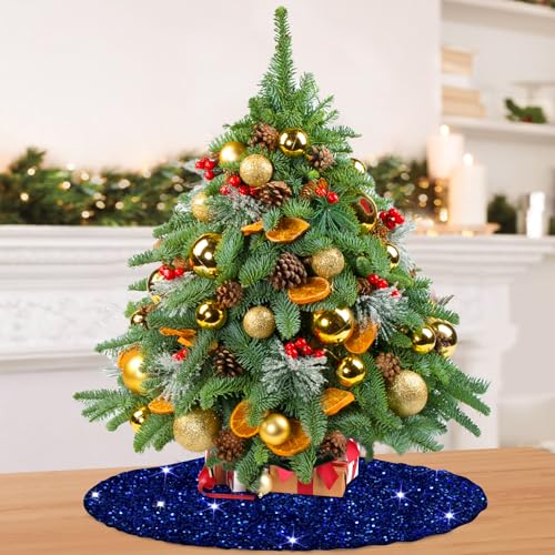 Blue Sequence Christmas Tree Skirt 21 Inches Mini Christmas Tree Mat for Home Decor Miniature Unique Xmas Tree Carpet Skirts Ornament for Christmas Day Family Reunion Holiday Party Banquet