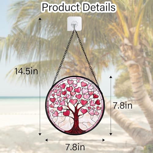 Pink Heart Tree Stained Glass Window Hanging Suncatcher Gifts Decor 7.8"
