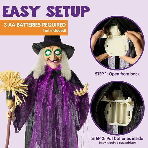 72" Outdoor Halloween Decorations Witch Life Size Animated with LED Eyes and Creepy Sound (Purple)